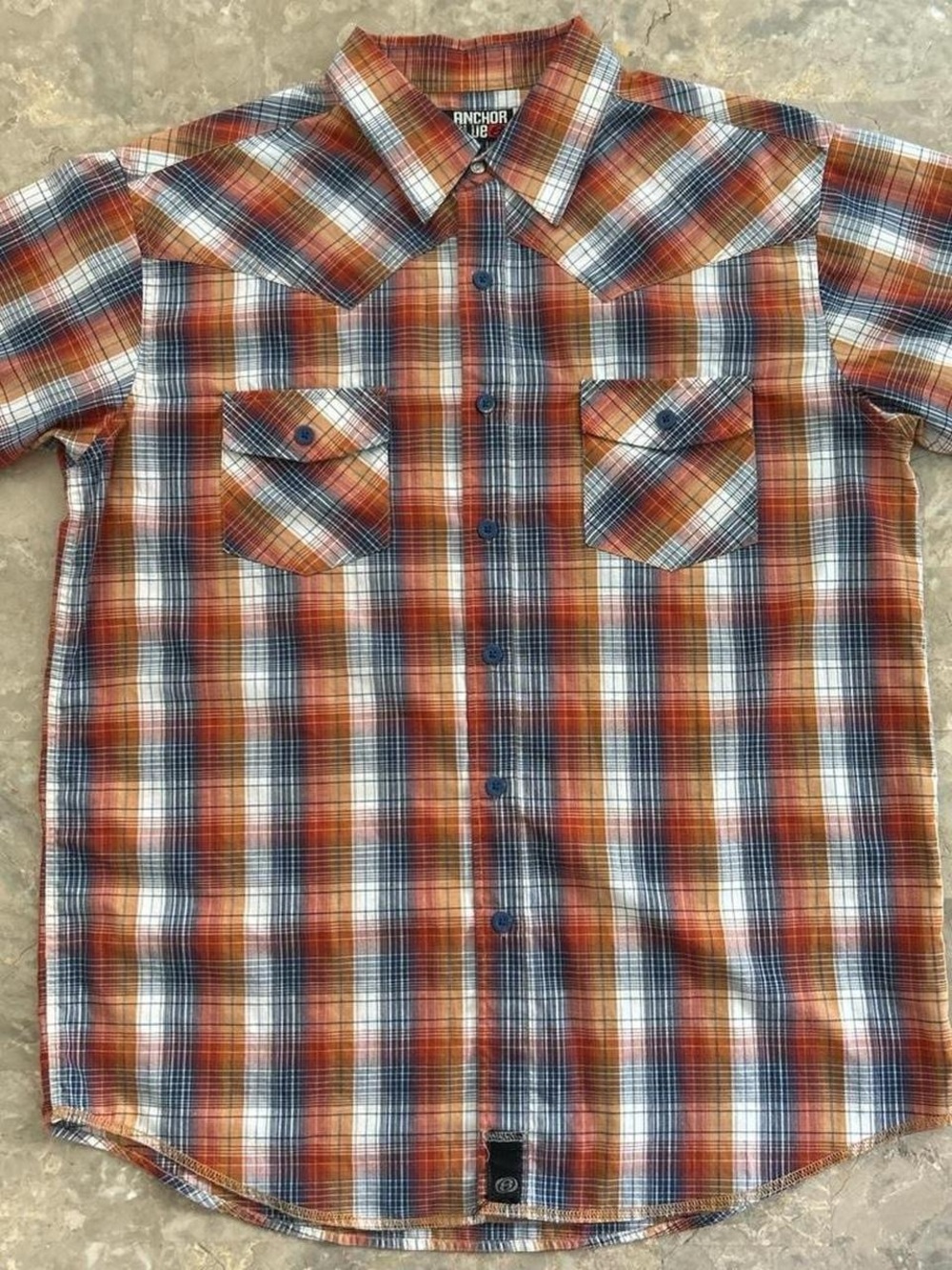 Vintage 2000s Anchor Blue Plaid Western Shirt M Orange Blue Short Sleeve